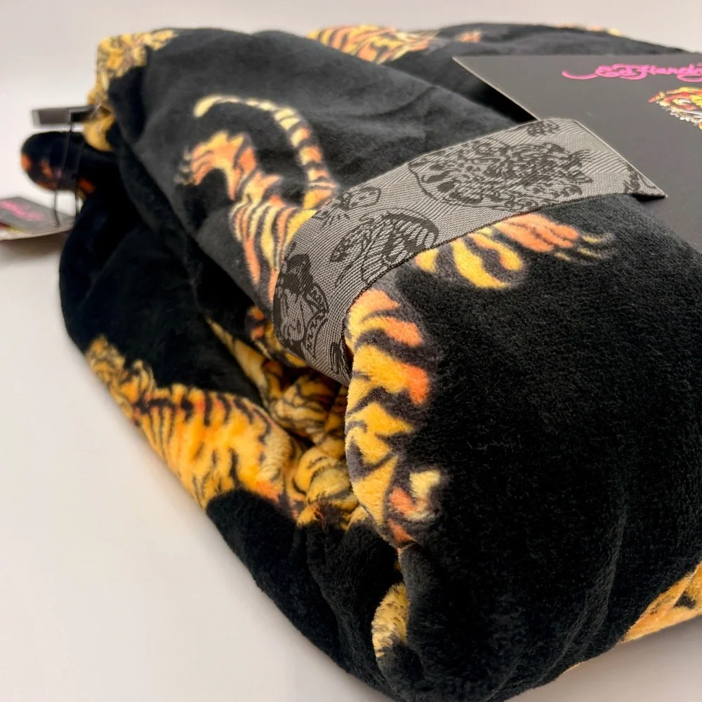 Ed Hardy Tiger‎ Print Plush Oversized Throw Blanket Black Orange 60x70 New